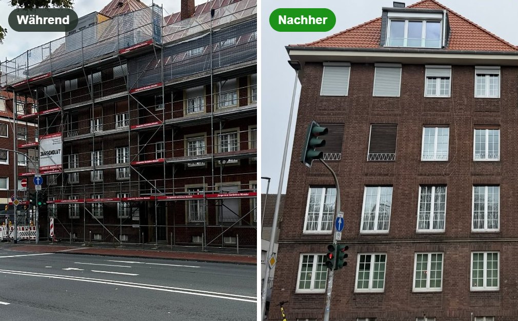 Mehrfamilienhaus in Münster während und nach der Dachsanierung mit Ausbau des Dachgeschosses zu Wohnraum