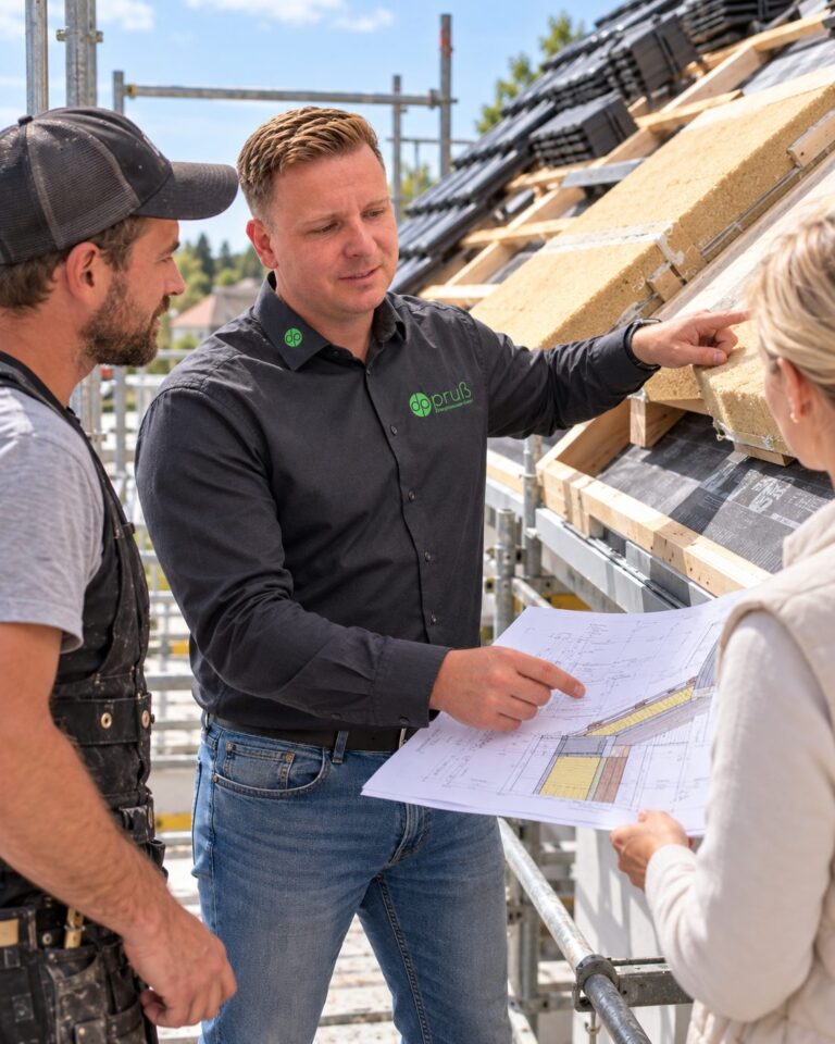 Denis Pruß bespricht auf der Baustelle die Dachdämmung mit Handwerker und Bauherrin