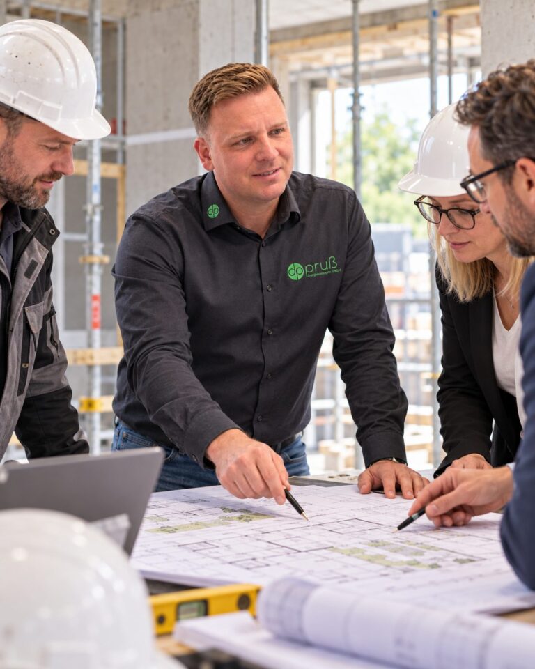 Denis Pruß bei einer Baubesprechung mit Planern am Plantisch