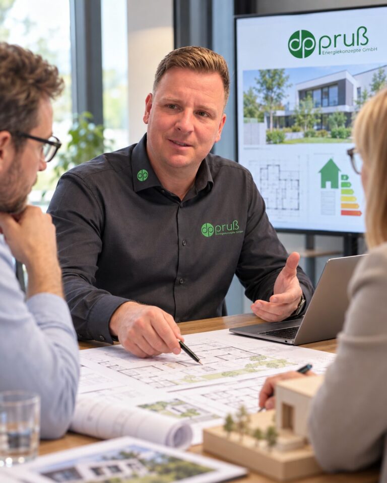 Beratungsgespräch mit Eigentümern, Energieausweis und Grundriss am Bildschirm
