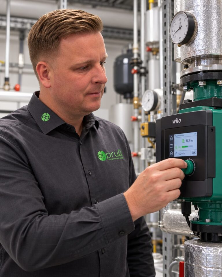 Denis Pruß stellt eine Heizungspumpe für den hydraulischen Abgleich ein