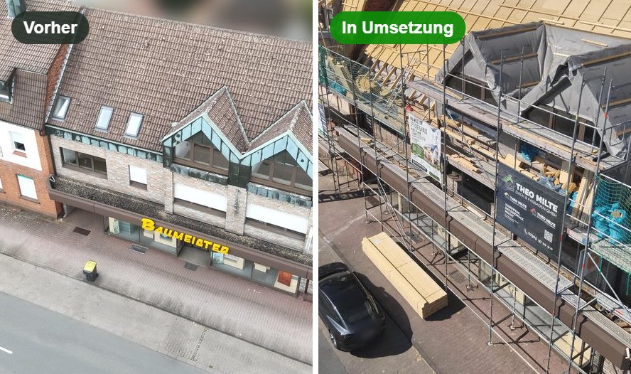 Wohn- und Geschäftshaus von 1904 vor und während der Sanierung zum Effizienzhaus 70 EE