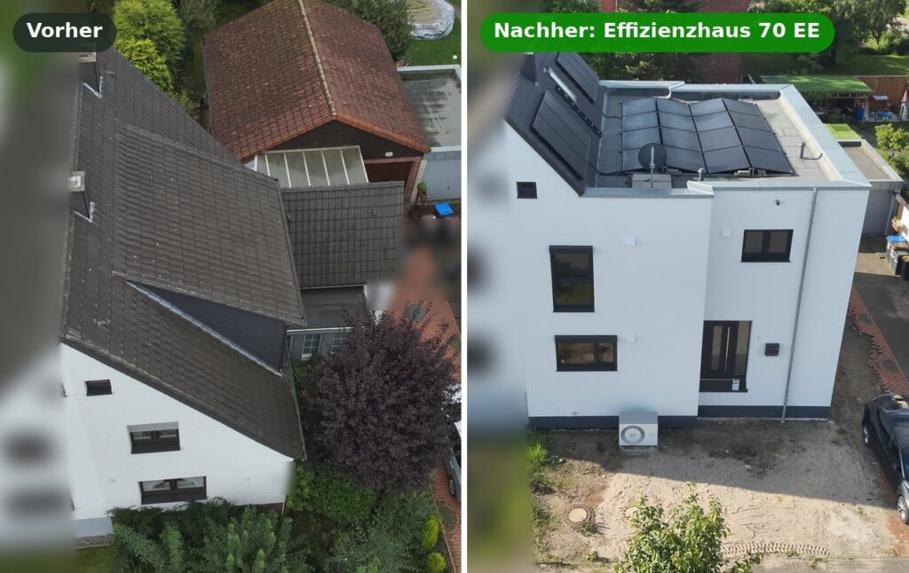 Zweifamilienhaus in Lüdinghausen vor und nach der Sanierung zum Effizienzhaus 70 EE mit Wärmepumpe und Photovoltaik